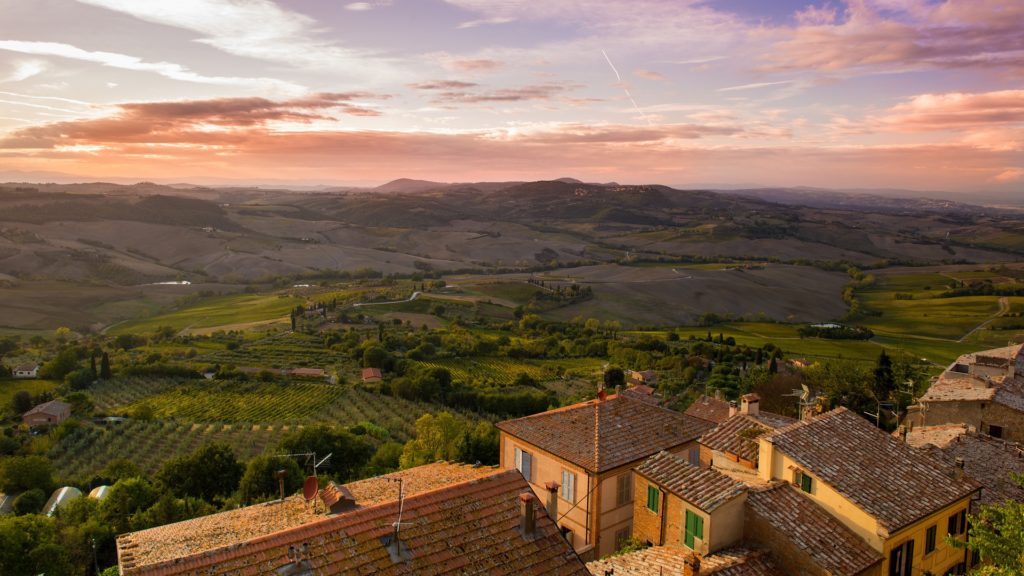 Pink sunset over rural countryside, Ultimate European Road Trip