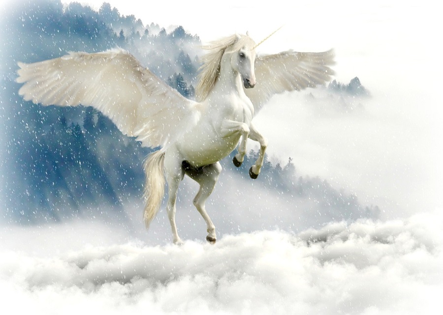 unicorn rearing in a sky full of clouds