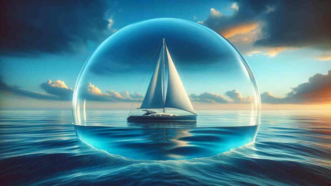 Image of a boat at sea in a large protective bubble, for the blog Finding The Best Boat Insurance For Your Needs