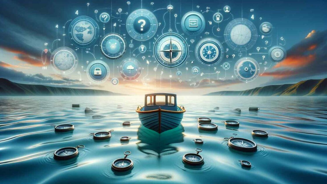 Image of a boat on water surrounded by symbols that represent questions, for the blog Your Boat Insurance Coverage Questions Answered